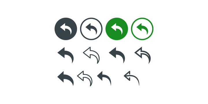 Undo arrow icons in green and gray variants provide essential navigation symbols for interface and web applications.