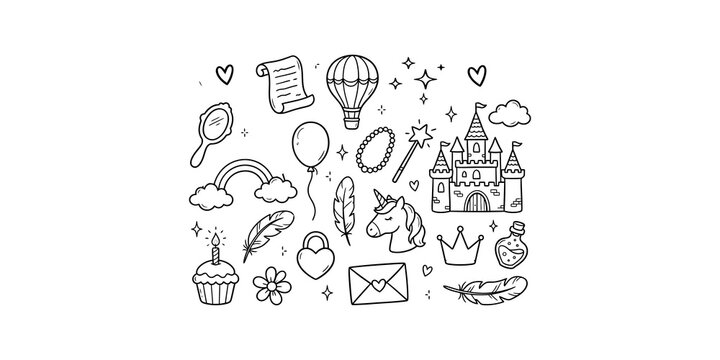 Whimsical fairy tale doodles featuring castle unicorn and magic wands perfect for children book or party invitations.