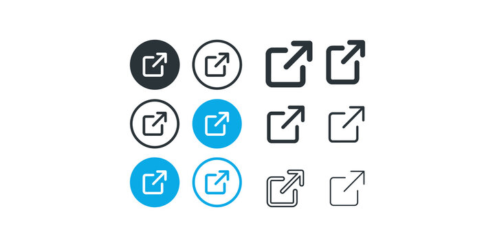 A range of share icons in dark gray and blue, featuring different styles of outward arrows for digital sharing.