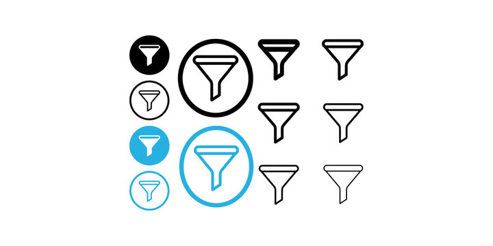 A collection of filter icons in black and blue, presented in solid, outlined, and circled styles for data refinement.