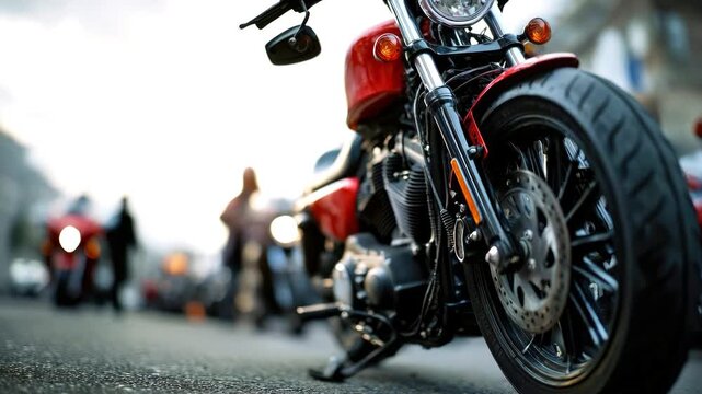 Red motorcycle parked on asphalt with a blurred city street in the background. The concept of speed, urban transport, freedom and travel