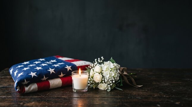 American flag with a lit candle and white flowers on a wooden table. September 11 attacks. 