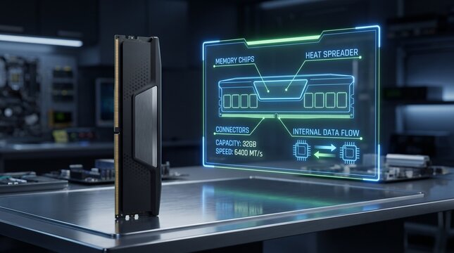 Sleek black computer random access memory stick displayed with a vibrant neon holographic interface showing technical data specifications on a smooth polished metallic work surface