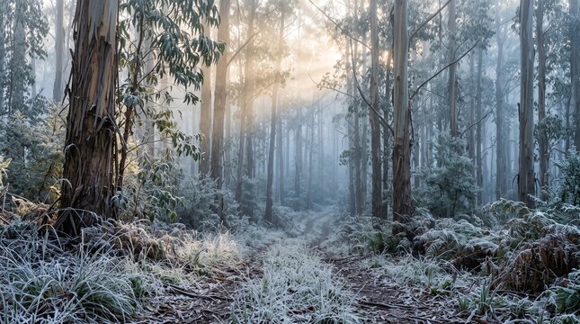 Eucalyptus forest path covered in frost with sunlight filtering through trees