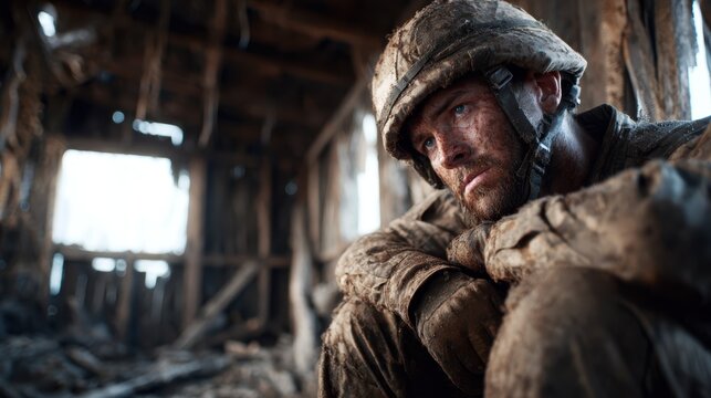 A gritty and emotive portrayal of a soldier reflecting amidst a ruined environment, capturing the somber realities of war and the resilience of the human spirit.