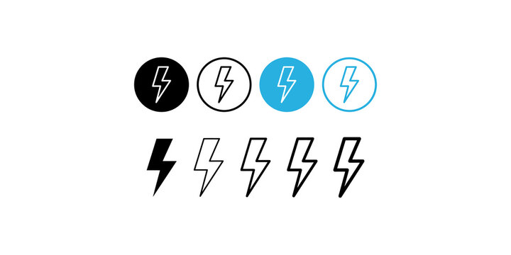 Lightning bolt icons various colors and styles indicating energy power speed and electricity danger symbol.