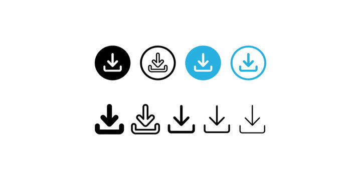 Download button interface icons featuring solid black and outlined blue variations for modern website user navigation.