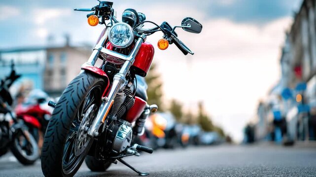 Red motorcycle parked on asphalt with a blurred city street in the background. The concept of speed, urban transport, freedom and travel