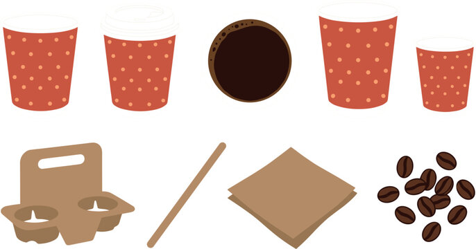 Coffee Shop Takeaway Packaging Vector Set with Red Polka Dot Paper Cups Cardboard Holders Napkins Stirrers and Roasted Coffee Beans for Cafe Branding Layouts