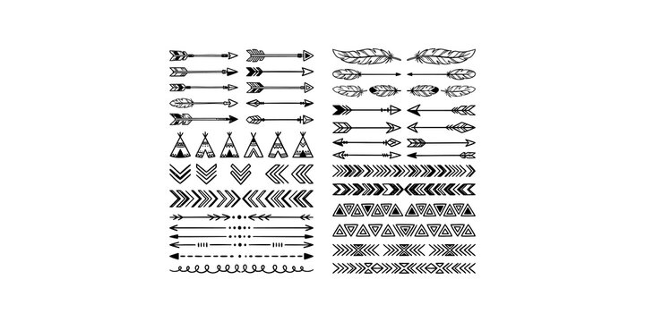 Boho tribal graphic dividers set featuring ethnic arrows feathers and geometric borders for creative project decoration.