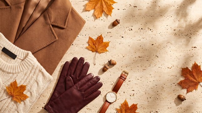 Autumn Fashion Flat Lay with Warm Coat, Knit Sweater and Leaves on Fall Background