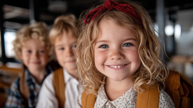 Three cheerful children with backpacks pose for a photo, showcasing their innocence and joy in a playful indoor setting full of warmth and happiness.