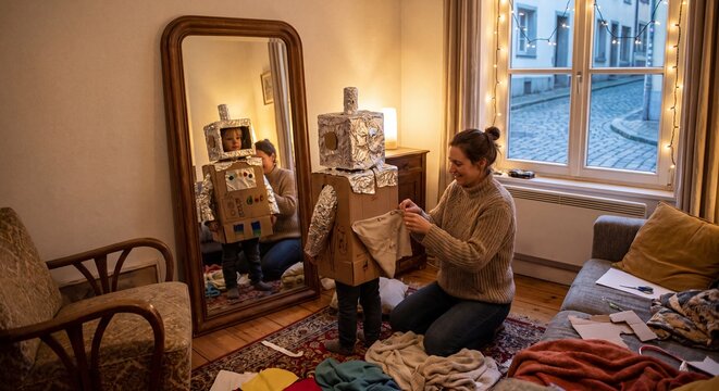 Eine Mutter bastelt Ihrem Kind ein Kost&uuml;m aus Pappe f&uuml;r Fasching