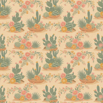 Modern desert cactus garden seamless pattern with coral flowers