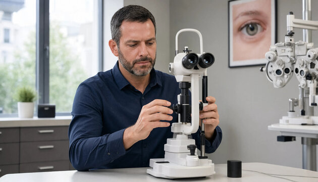 Male patient adjusting ophthalmic slit lamp machine during professional eye consultation in clinic with eye exam vision test eye care ophthalmology optometry eyesight hospital equipment