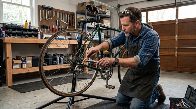 Man meticulously restoring a vintage bicycle in his home workshop