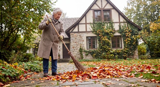 Eine &auml;ltere Dame fegt das Laub im Garten vor dem Haus zusammen