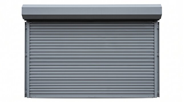 Modern closed gray metal rolling shutter door on a building facade, industrial style