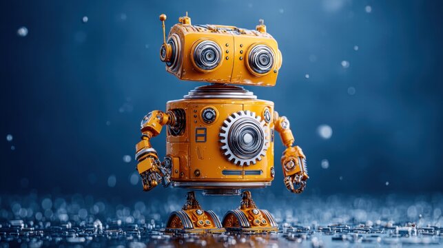 A charming, yellow robot stands on a reflective surface against a blue backdrop.