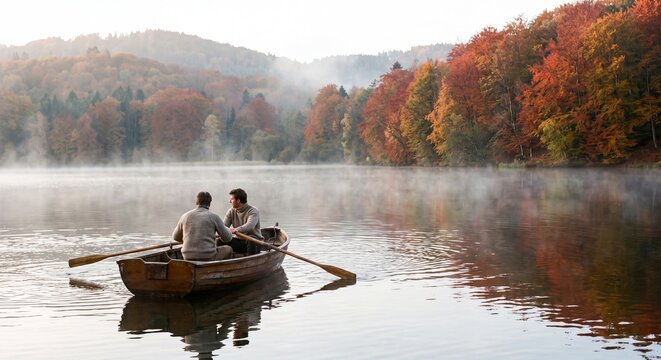 Zwei M&auml;nner in einem Ruderboot auf einem malerischen See im Herbst