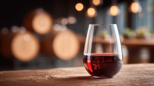 Elegant red wine glass against a rustic backdrop