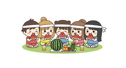 Fototapeta premium Children enjoying slices of watermelon fruit together