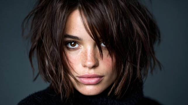 A striking portrait of a young woman with tousled hair and freckles showcases her natural beauty, exuding confidence and modern elegance in a minimalistic style.