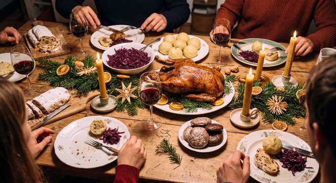 Eine Familie zu Tisch zu Weihnachten beim Verzehr einer beim Verzehr einer Ganz