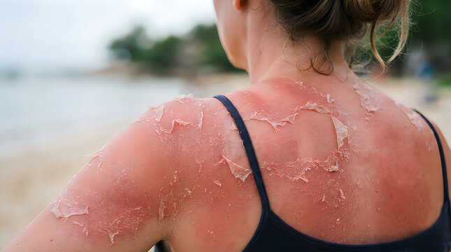 Woman with sunburned skin on shoulders and back at beach