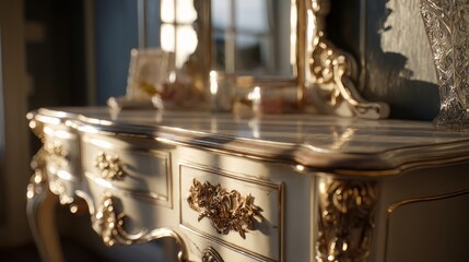 Obraz premium Vintage ornate vanity table with gold accents. Elegant white dressing table in baroque style. Classic luxury furniture for bedroom interior.