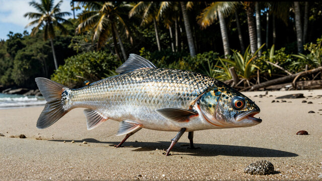 Fantasy fish walking on legs along a tropical beach