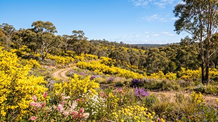 Fototapeta premium Vibrant Australian wildflowers bloom across a rolling landscape