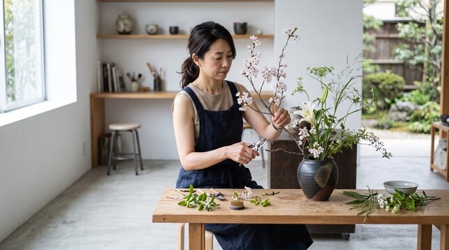 Japanese woman arranging flowers in a minimalist studio with natural light
