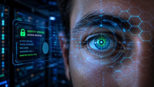 Futuristic biometric eye scanner and digital retinal verification security system scanning a human eye with a sci-fi HUD interface