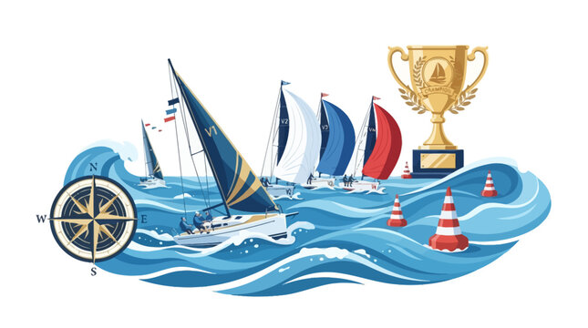 Sailing Boats Racing on Wavy Blue Waters.