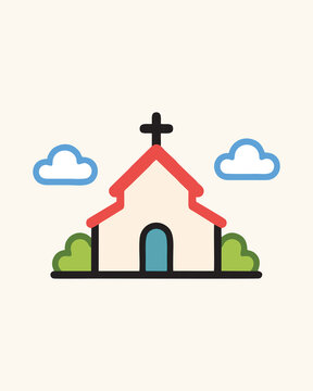 Minimalist Christian Church with Cross, Clouds and Greenery, Vector Illustration