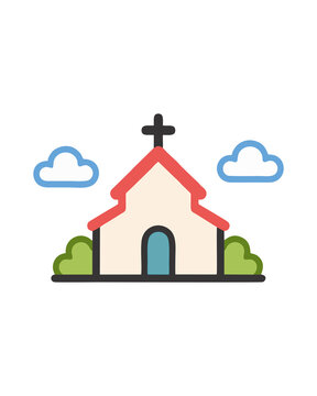 Minimalist Christian Church with Cross, Clouds and Greenery, Vector Illustration