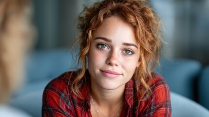 Obraz premium A bright and cheerful young woman with curly hair smiles warmly at the camera, embodying positivity, confidence, and the beauty of self-acceptance in everyday moments.