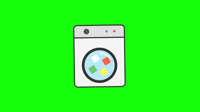 Minimalist front-load washing machine icon with colorful laundry symbols inside the glass door, featuring a grey top control panel and indicator lights on a bright green background.