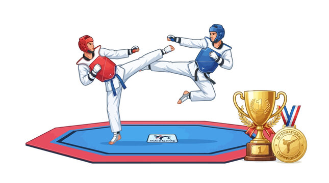 Taekwondo fighters competing in martial arts match.