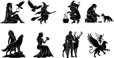Fototapeta premium Fantasy witch and mythical creature silhouette collection featuring ravens, wolves, griffins, deer, magic, and enchanted characters
