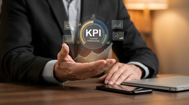 Businessman presenting key performance indicator data visualization with digital graphics