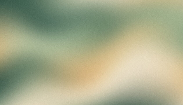 Minimalist abstract panoramic natural background with soft sage green, forest green, sandy beige and champagne glowing light waves, ultra smooth gradient transitions with grainy texture
