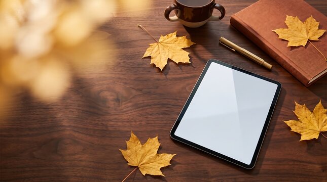 Tablet Screen Mockup on Autumn Fall Background Wooden Workspace Desk