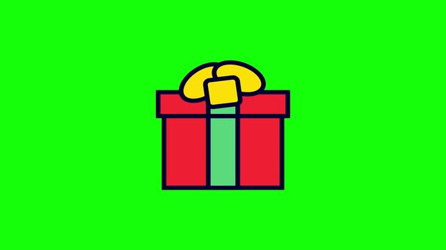 Red cartoon gift box illustration with green ribbon and yellow bow, featuring thick dark outlines on a solid vibrant green background, flat minimalist design for celebrations.