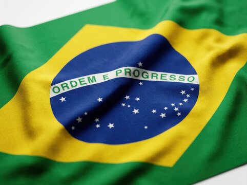 Closeup of a textured fabric flag of brazil