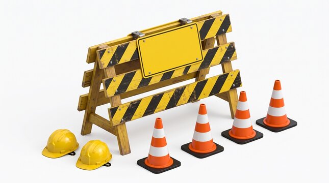 Construction road barrier set with safety cones, hard hat, and caution sign on white background