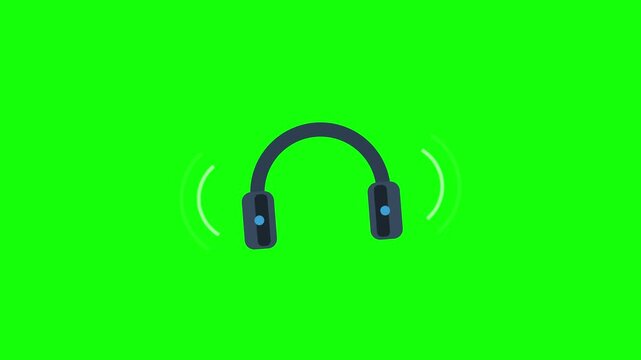 Minimalist flat vector illustration of dark blue headphones with sound waves on a solid green background, representing audio equipment, music, podcasting, and sound technology.
