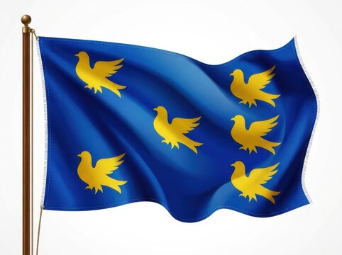 Blue flag with six golden doves isolated on white background