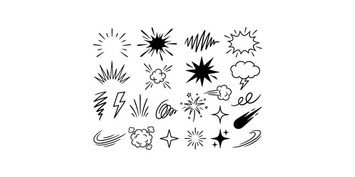 Collection of black and white hand drawn comic style explosion and starburst graphic elements for design.
